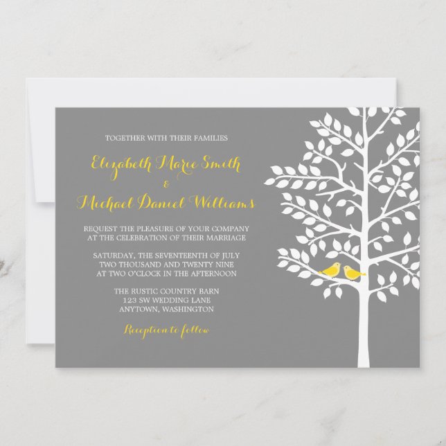 Yellow and Gray Tree Love Birds Wedding Invitation (Front)