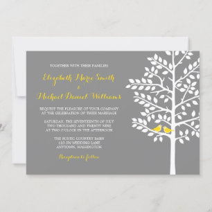 Yellow and Gray Tree Love Birds Wedding Invitation