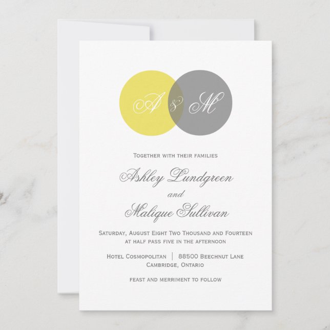 Yellow and Gray Twin Monograms Wedding Invitation (Front)