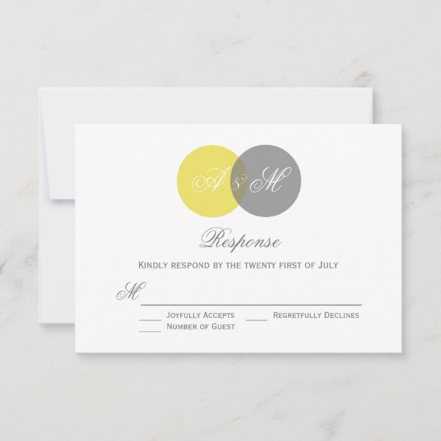 Yellow and Gray Twin Monograms Wedding RSVP Card (Front)