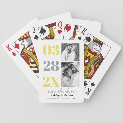 Yellow and gray two photo Save the Date Poker Cards