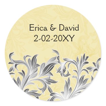 Yellow and Gray Vintage Flourish Wedding Classic Round Sticker