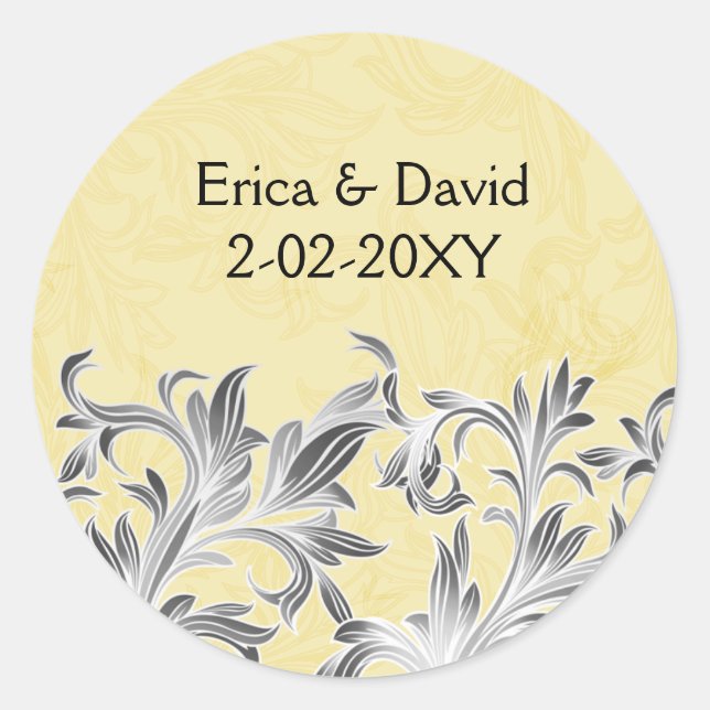 Yellow and Gray Vintage Flourish Wedding Classic Round Sticker (Front)