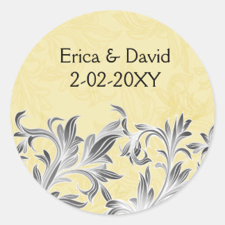 Yellow and Gray Vintage Flourish Wedding Classic Round Sticker