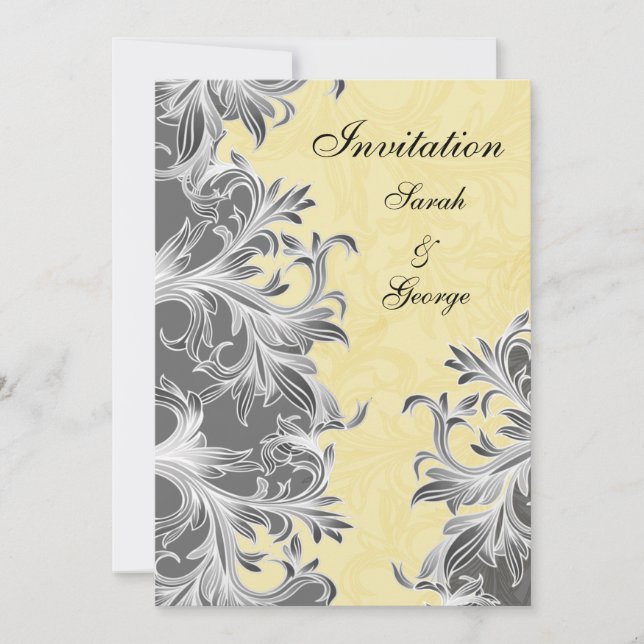 Yellow and Gray Vintage Flourish Wedding Invitation (Front)