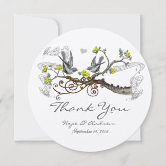 Yellow and Gray Vintage Love Birds Wedding Thank You Card