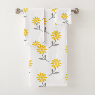 Yellow and Gray Watercolor Daisy Pattern Bath Towel Set
