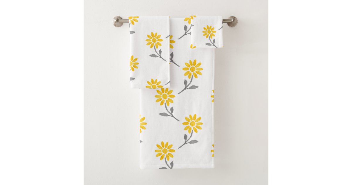 Yellow And Gray Watercolor Daisy Pattern Bath Towel Set
