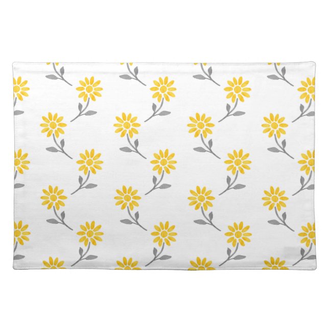 Yellow and Gray Watercolor Daisy Pattern Cloth Placemat (Front)