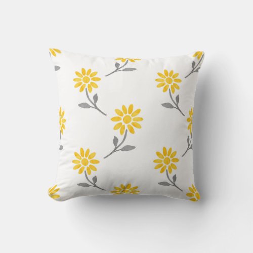 Yellow and Gray Watercolor Daisy Pattern Throw Pillow