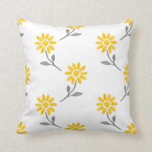 Yellow and Gray Watercolor Daisy Pattern Throw Pillow