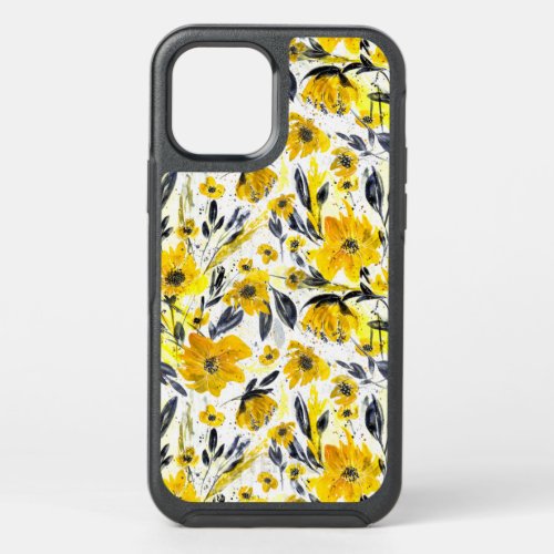 Yellow and Gray Watercolor Floral OtterBox Symmetry iPhone 12 Case