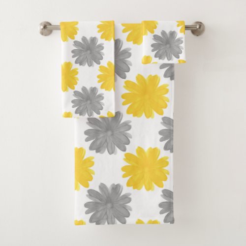 Yellow and Gray Watercolor Flower Pattern Bath Towel Set