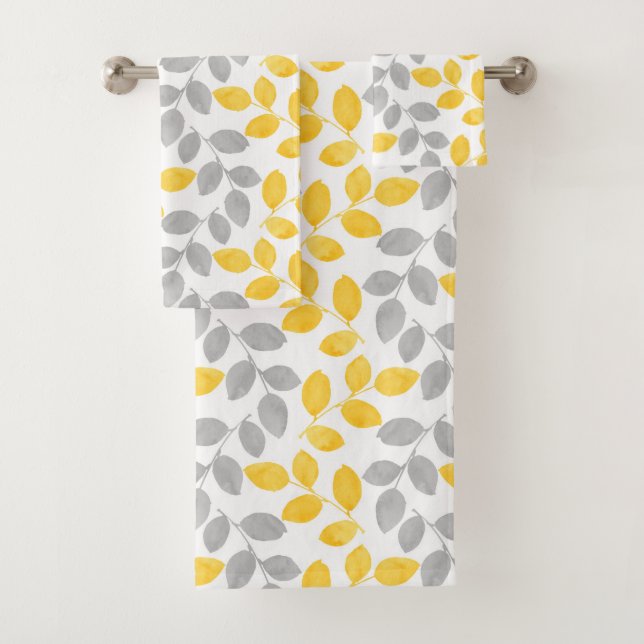 Yellow and Gray Watercolor Leaves Pattern Bath Towel Set (Insitu)