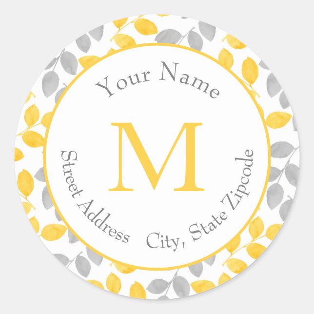 Yellow and Gray Watercolor Leaves Pattern Classic Round Sticker (Front)