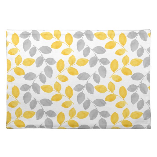 Yellow and Gray Watercolor Leaves Pattern Cloth Placemat (Front)