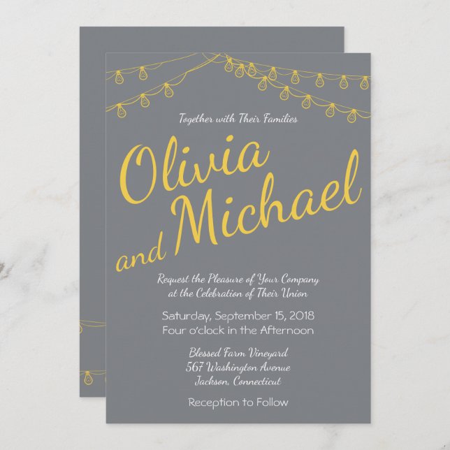 Yellow and Gray Wedding Invitation with Lights (Front/Back)