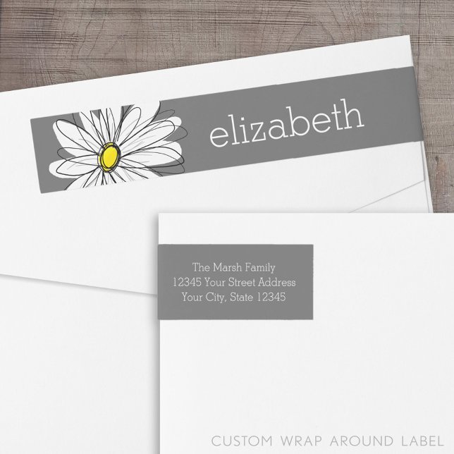 Yellow and Gray Whimsical Daisy with Custom Text Wrap Around Label (Custom Return Address Label with a Wrap Around Feature)