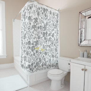 Yellow and Gray White Floral Bird Pattern Shower Curtain
