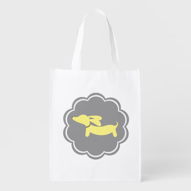 Yellow and Gray Wiener Dog Grocery Tote Bag (Front)