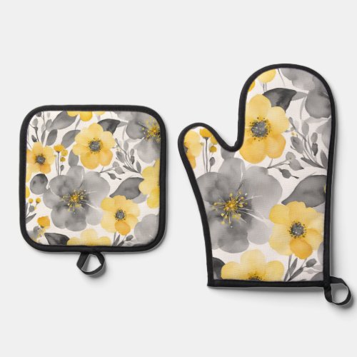 Yellow And Gray Wildflowers Watercolor Floral Art Oven Mitt  Pot Holder Set