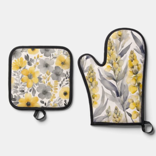 Yellow And Gray Wildflowers Watercolor Floral Oven Mitt  Pot Holder Set