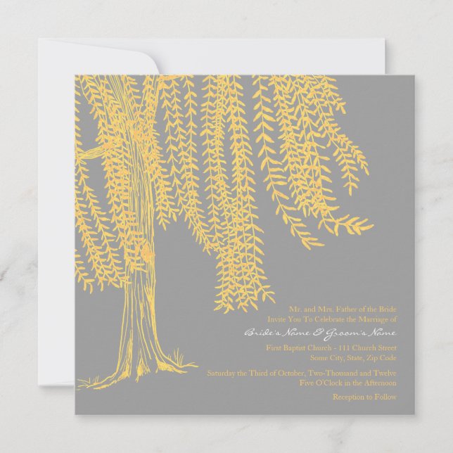 Yellow and Gray Willow Tree Wedding Invitation (Front)