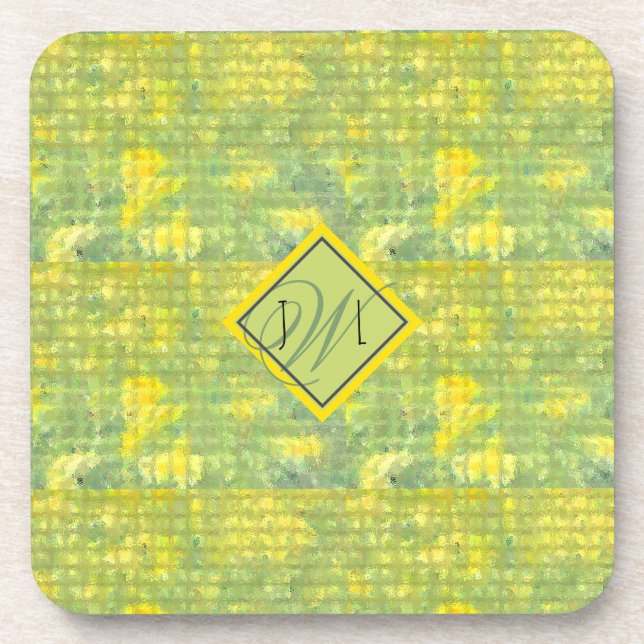 Yellow and Green  Abstract Geometric Monogramed Beverage Coaster (Front)