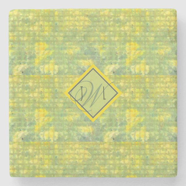 Yellow and Green  Abstract Geometric Monogramed Stone Coaster (Front)