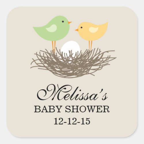 Yellow and Green Baby Birds Nest  Baby Shower Square Sticker