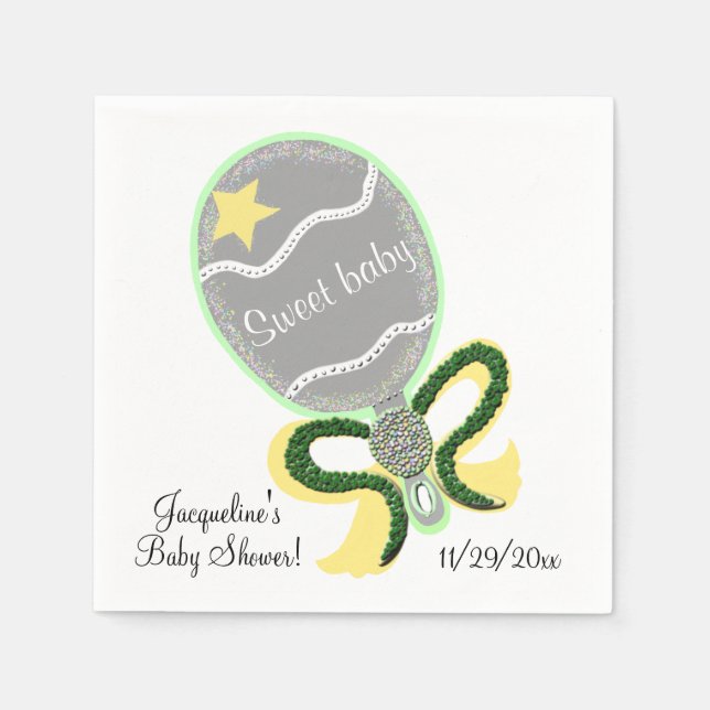 Yellow and Green Baby Rattle Sweet Baby Shower Paper Napkins (Front)