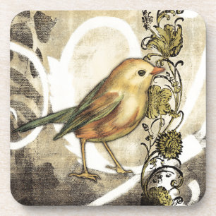 Yellow and Green Bird on Vintage Background Beverage Coaster