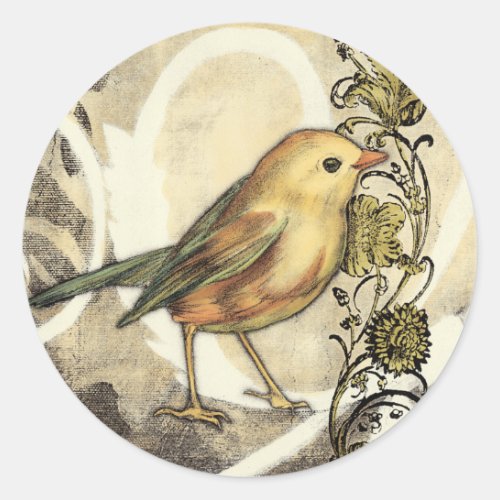 Yellow and Green Bird on Vintage Background Classic Round Sticker