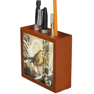 Yellow and Green Bird on Vintage Background Desk Organizer
