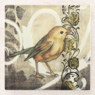 Yellow and Green Bird on Vintage Background Glass Coaster