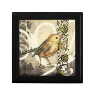 Yellow and Green Bird on Vintage Background Jewelry Box