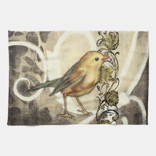 Yellow and Green Bird on Vintage Background Kitchen Towel