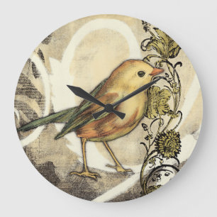Yellow and Green Bird on Vintage Background Large Clock