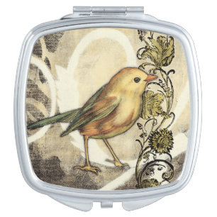 Yellow and Green Bird on Vintage Background Makeup Mirror