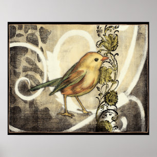 Yellow and Green Bird on Vintage Background Poster