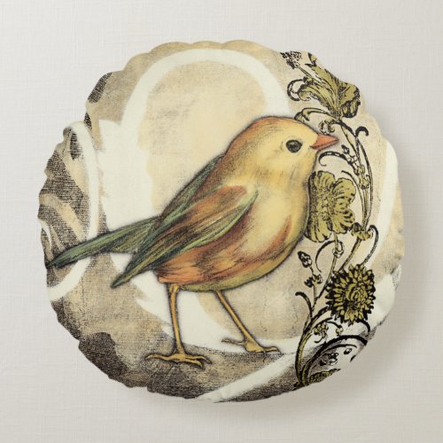 Yellow and Green Bird on Vintage Background Round Pillow