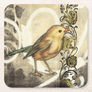 Yellow and Green Bird on Vintage Background Square Paper Coaster