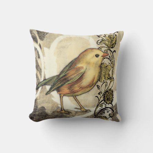 Yellow and Green Bird on Vintage Background Throw Pillow