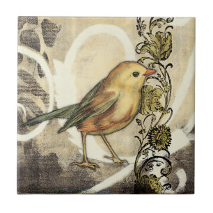 Yellow and Green Bird on Vintage Background Tile