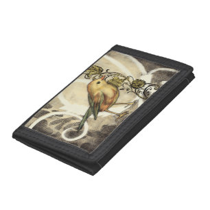 Yellow and Green Bird on Vintage Background Tri-fold Wallet