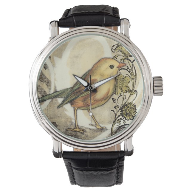 Yellow and Green Bird on Vintage Background Watch (Front)