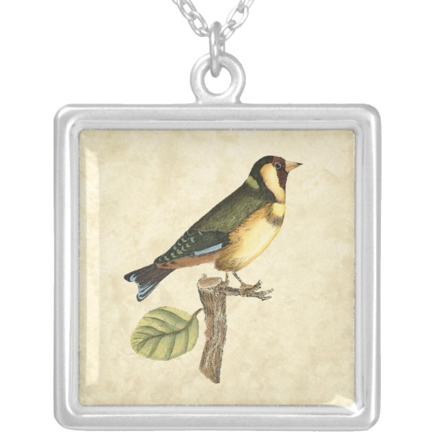 Yellow and Green Bird Perched on a Little Branch Silver Plated Necklace (Front)