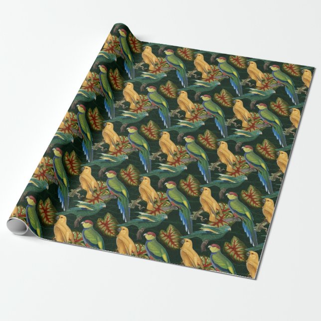 Yellow and Green Birds on Green Wrapping Paper (Unrolled)