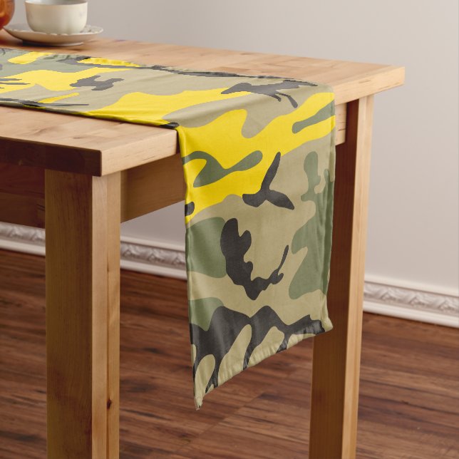 Yellow and Green Camouflage, Military, Army Short Table Runner (In Situ)