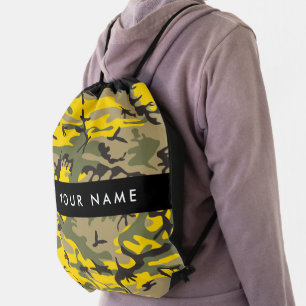 Yellow and Green Camouflage Your name Personalize Drawstring Bag
